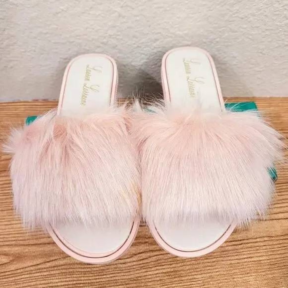 Lauren Lorraine Pink Furry Slides Fluffy Slippers Comfort Sandals Sz Lg / #S1121